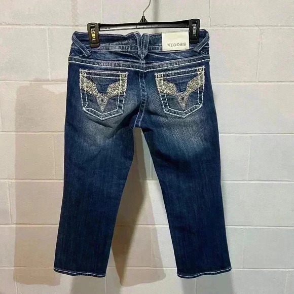 Vigoss Jr/Women's Chelsea Capri 3/4 Medium Wash Distressed Embroidered Western - Picture 5 of 10